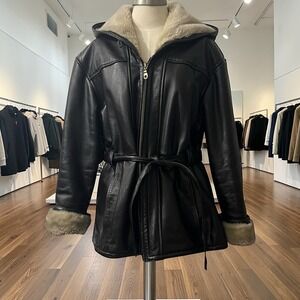 Wilsons Leather Hooded Parka Jacket Black Faux Fur Lined Belted‎ XL Womens